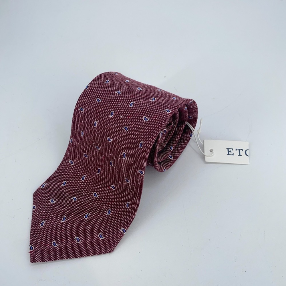 Eton Mens Maroon Paisley Silk Linen Blend Classic Luxury Tie Made in Italy